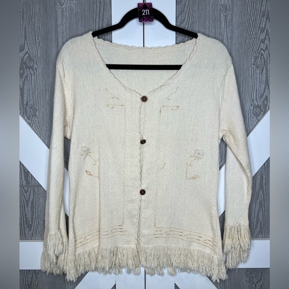 Vintage Tops - 211. Vintage Boho Cream/Ivory Linen Fringed Shacket M